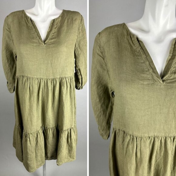 Bella Umbra M Taupe Linen Dress Italy Prairie Modest Cottagecore Lagenlook Boho - Picture 1 of 8